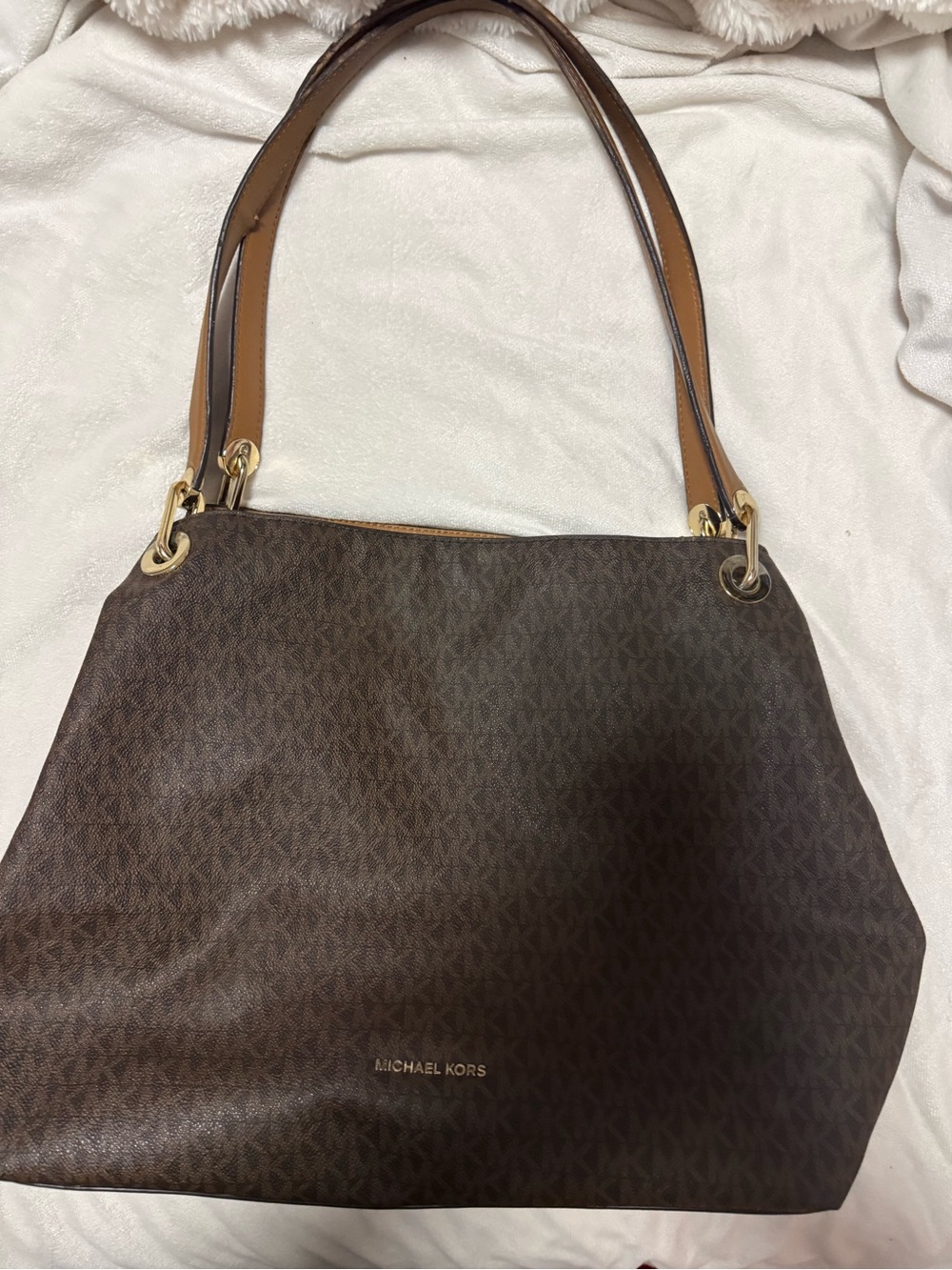 Michael Kors Dark Brown MK Logo Shoulder Tote with Gold Hardware